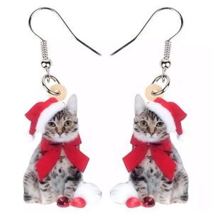 Christmas Kitten Earrings Cat Santa Acrylic Lightweight Holiday